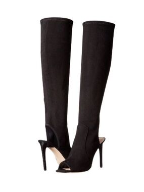 Black Knee-High Peep-Toe Stiletto Boots - Women